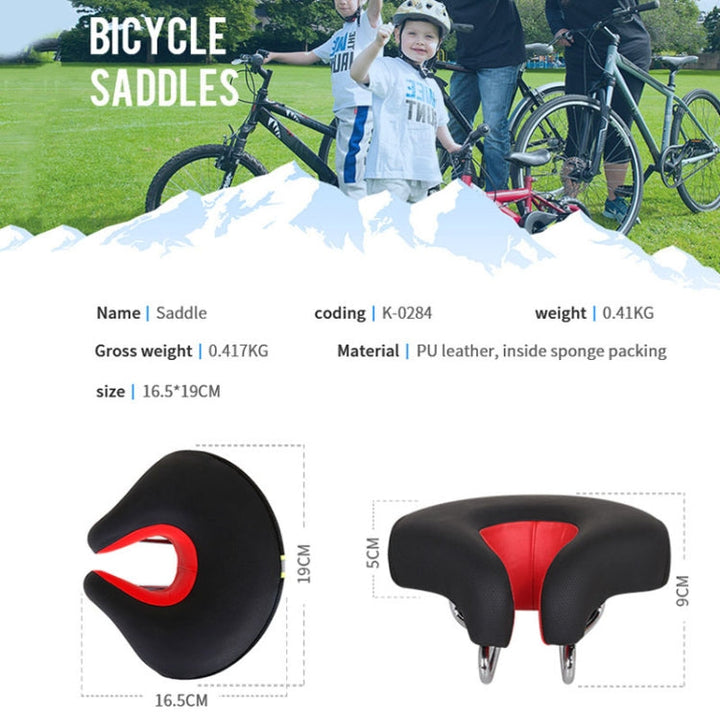 Détail d'une selle de vélo VTT noire, rembourrage épais et conception ergonomique sans bec pour homme et femme.