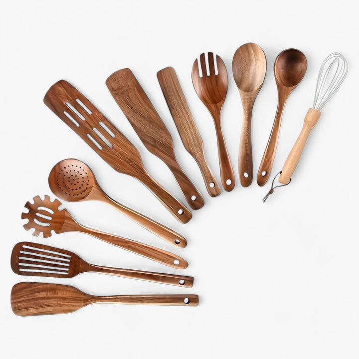 Set complet d'ustensiles de cuisine en bois naturel. Comprend spatule et cuillère, idéal pour poêles antiadhésives.