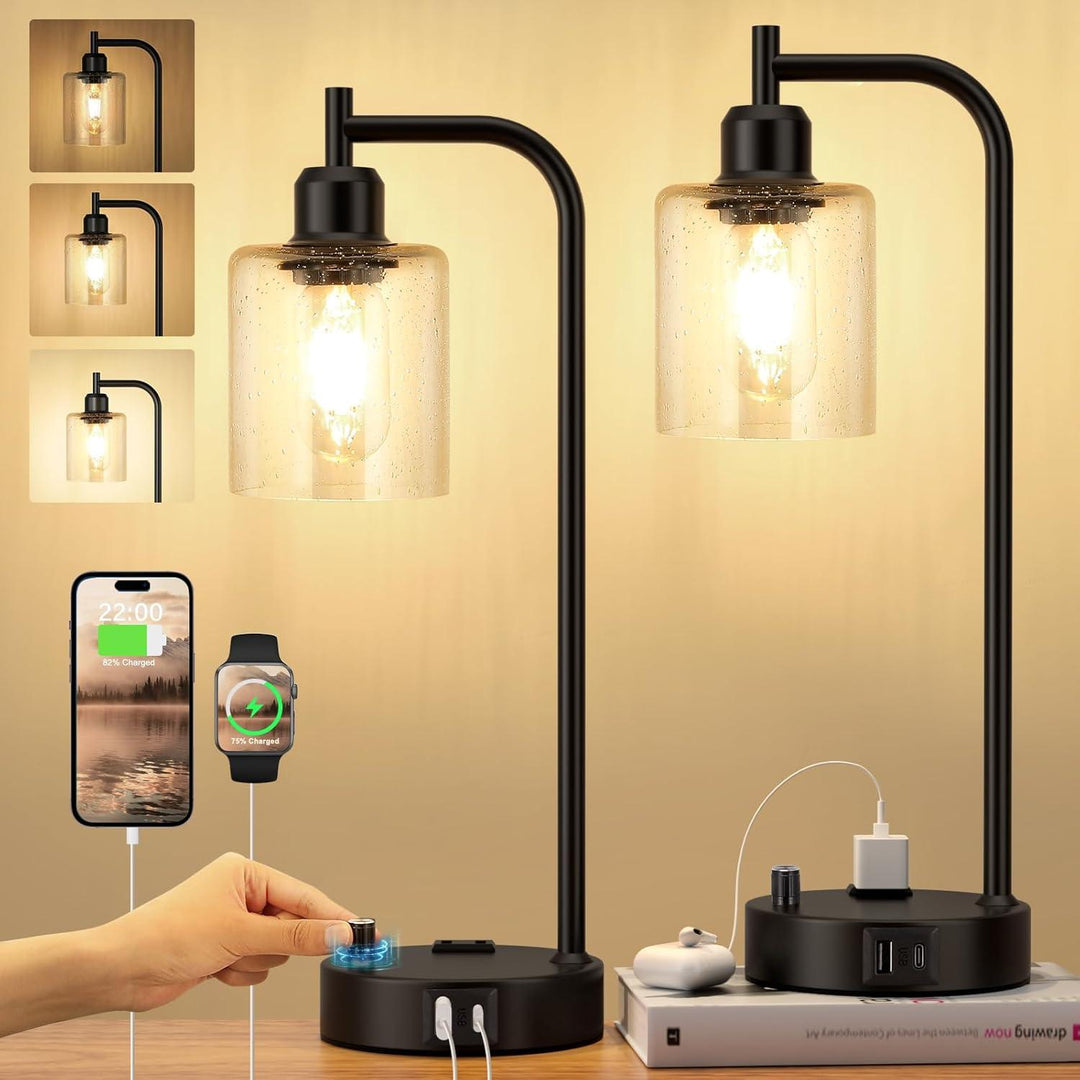 Lampe de table industrielle dimmable noire, LED, avec port USB-C. Idéale pour salon ou chambre.