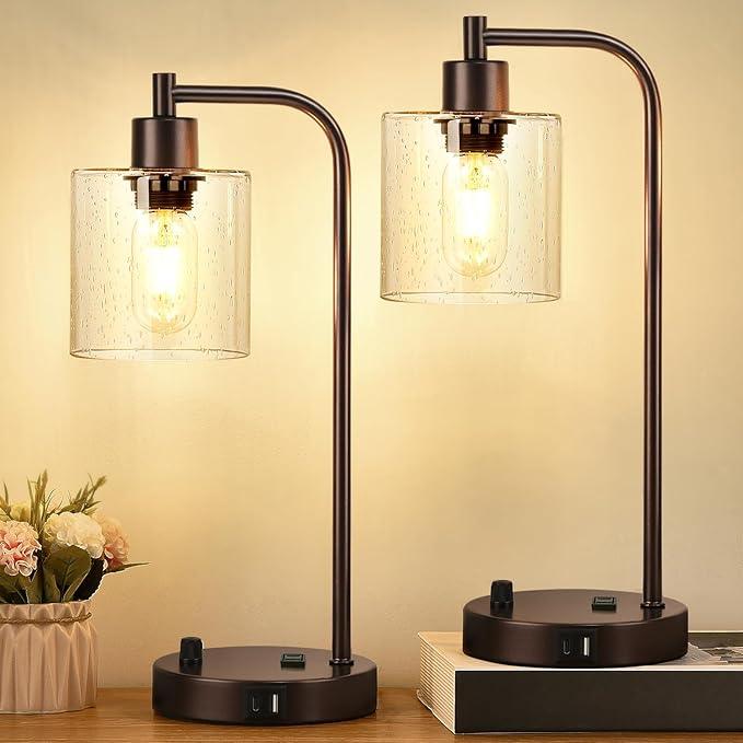 Éclairage d'ambiance LED dimmable. Lampe de table industrielle noire avec chargement USB. Parfait pour salon.