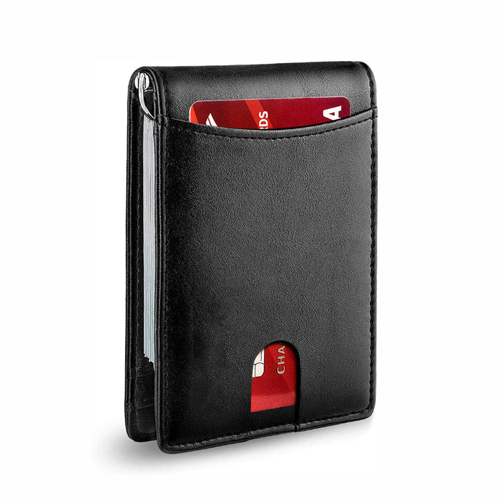 Accessoire indispensable : portefeuille mince en cuir véritable, protection RFID garantie.