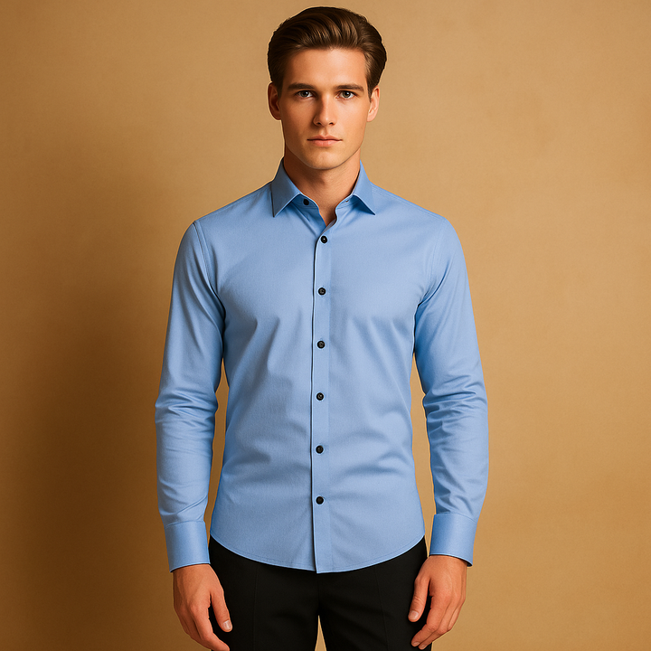 Chemise business homme stretch coupe slim, élégante et confortable pour le bureau, mode masculine pro.