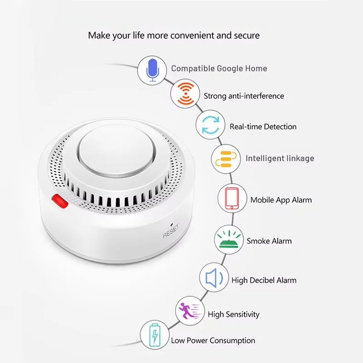 Vue latérale du détecteur de fumée WiFi compact, design moderne pour maison connectée et sécurité.