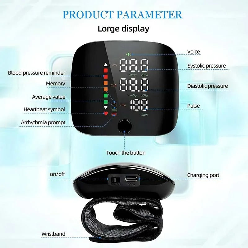 Mesure précise de la tension artérielle au poignet avec alertes vocales, essentiel pour le bien-être et la gestion de l'hypertension.