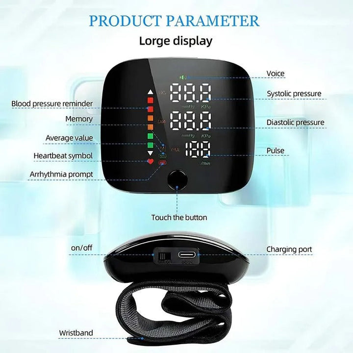 Mesure précise de la tension artérielle au poignet avec alertes vocales, essentiel pour le bien-être et la gestion de l'hypertension.