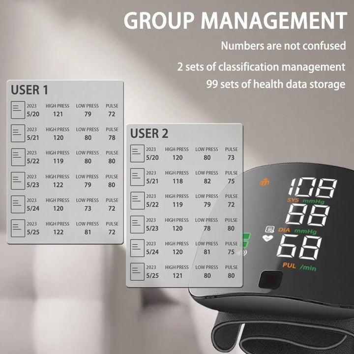 Moniteur de tension artérielle numérique pour poignet, portable, avec fonction vocale pour un contrôle simple et efficace de l'hypertension.