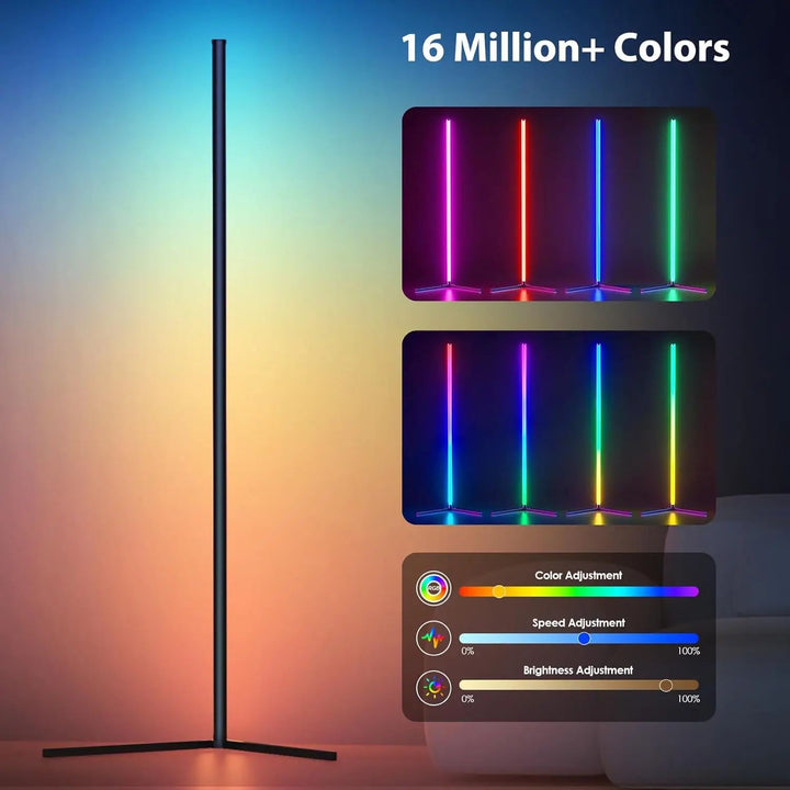 Éclairage LED d'ambiance RGB intelligent. Lampe de sol d'angle connectée 148cm, dimmable, parfaite pour salon moderne.