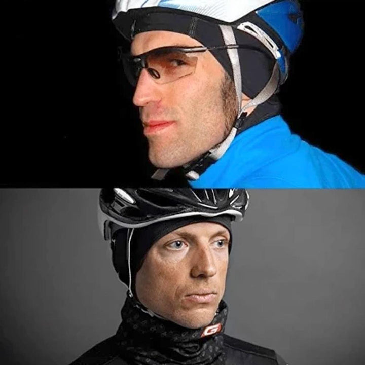 Détail du tissu respirant du sous-casque rafraîchissant noir, conception ergonomique.