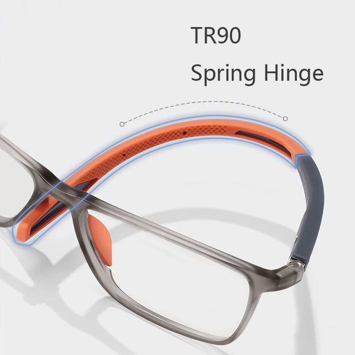 Homme lisant avec lunettes de lecture ultra-légères, anti-lumière bleue, pour un confort visuel et protection.