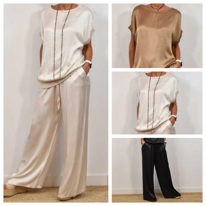 Ensemble femme élégant deux pièces pour automne: top fluide et pantalon large confortable. Mode féminine.
