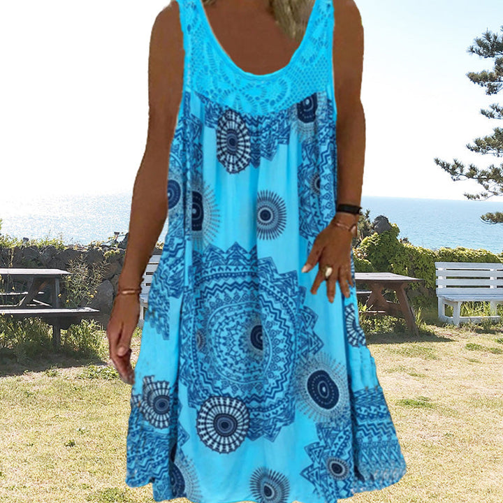 Robe d'été femme sans manches, imprimée tendance, élégante dentelle, pour look chic.