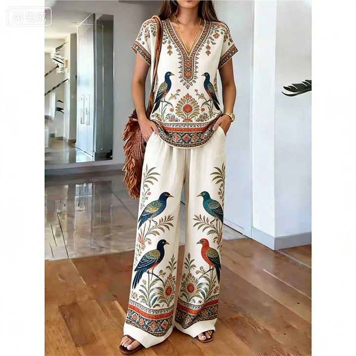 Nouvel ensemble femme bohème : haut imprimé floral et pantalon large fluide, idéal pour le confort.