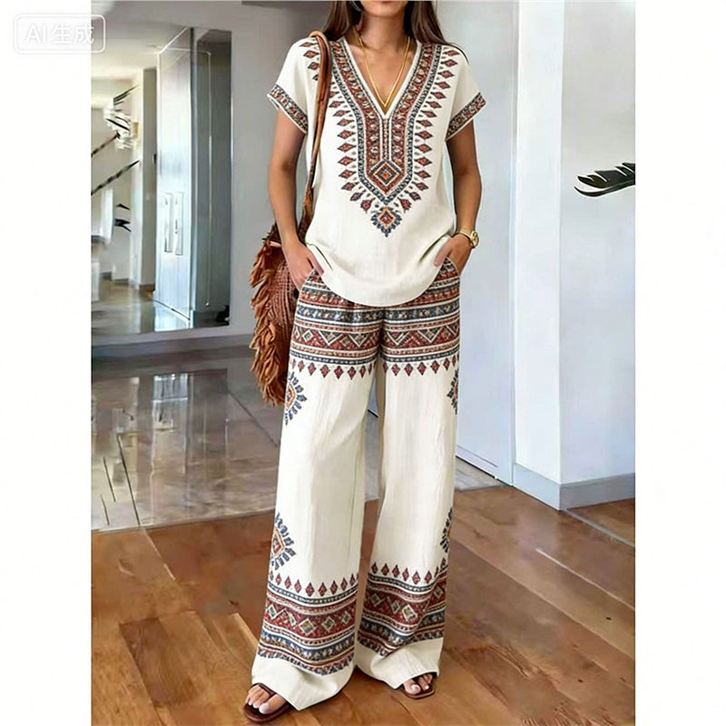 Mode femme : ensemble fluide et léger, haut floral et pantalon large bohème pour un style unique.