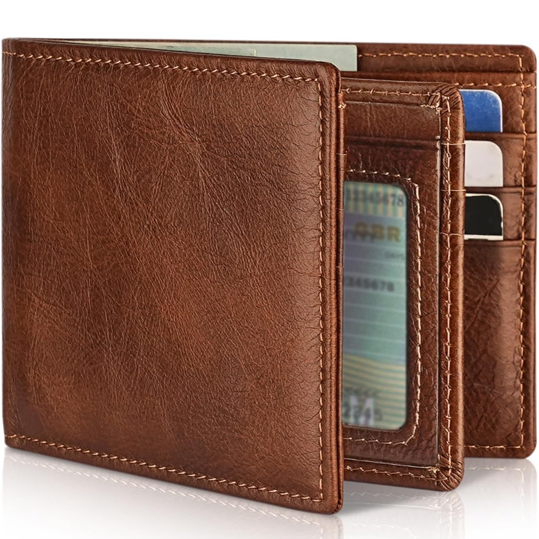 Portefeuille bifold élégant pour homme en cuir véritable brun, design classique avec protection RFID intégrée.