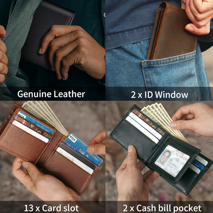 Portefeuille homme bifold en cuir véritable brun, design classique et moderne avec sécurité RFID essentielle.