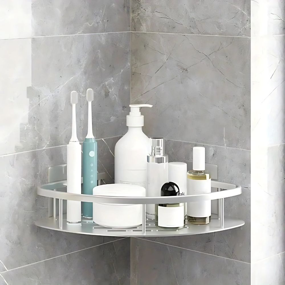Organiseur de douche mural autocollant argent, installation facile sans perçage, idéal pour savons et shampoings.