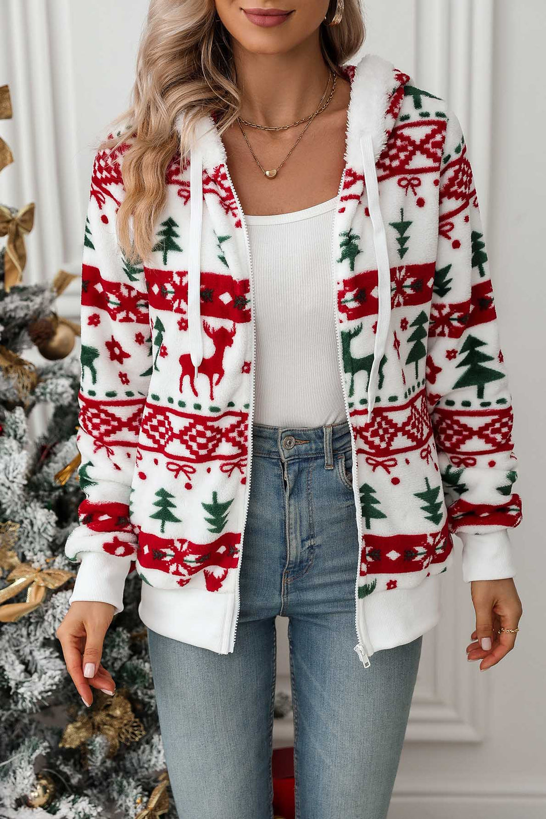Sweat-shirt à capuche zippé femme, design festif de Noël. Idéal pour un look hivernal décontracté.