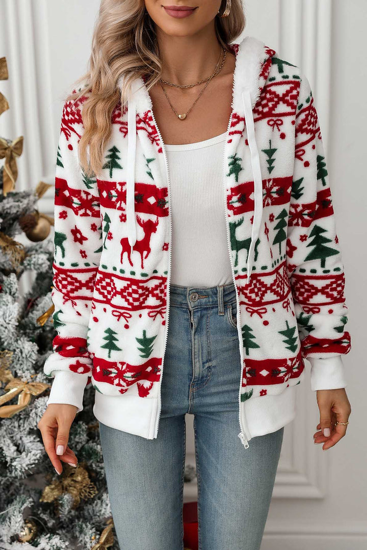 Sweat-shirt à capuche zippé femme, design festif de Noël. Idéal pour un look hivernal décontracté.