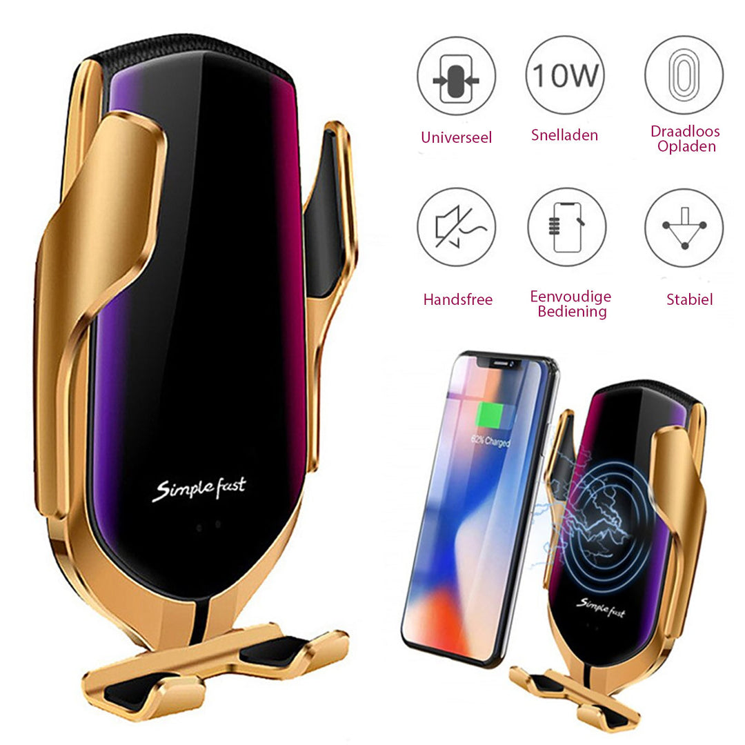 Support téléphone voiture automatique avec chargeur sans fil Qi intégré. Idéal pour tableau de bord ou console.