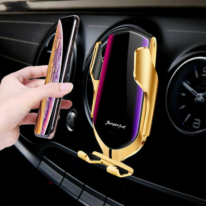 Chargeur sans fil Qi support téléphone automatique pour voiture, élégant design coloris or.