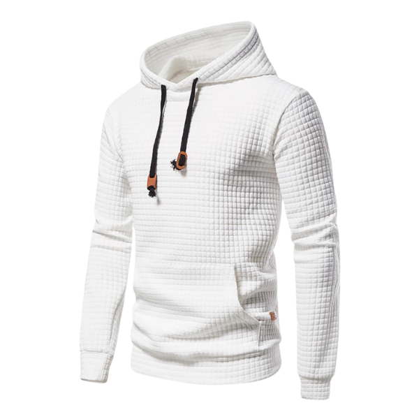 Sweat à capuche homme blanc avec poche kangourou et poignets côtelés pour un confort décontracté quotidien.