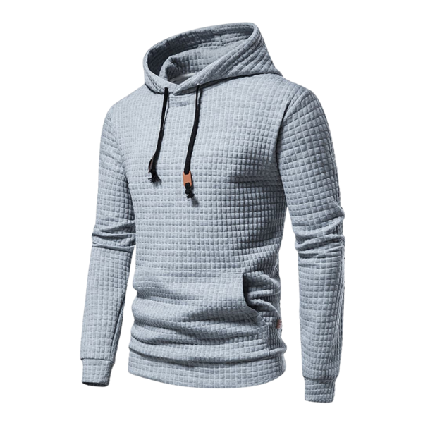 Sweatshirt gris pour homme, doté d'une capuche, d'une poche kangourou et de poignets côtelés. Mode masculine.