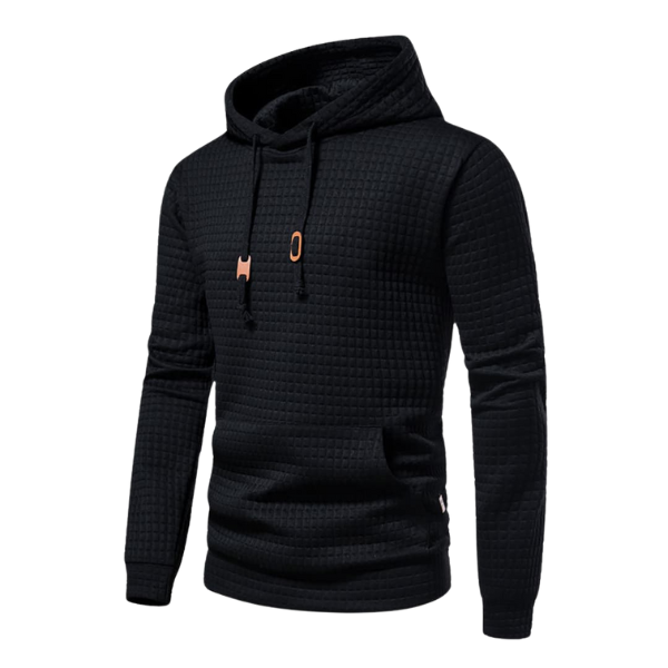 Sweat à capuche noir homme, poche kangourou, poignets côtelés. Vêtement décontracté et confortable.
