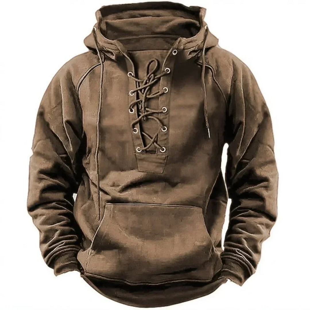 Sweat à capuche homme décontracté, résistant, tissu épais, avec lacets. Idéal mode masculine casual ou extérieur.