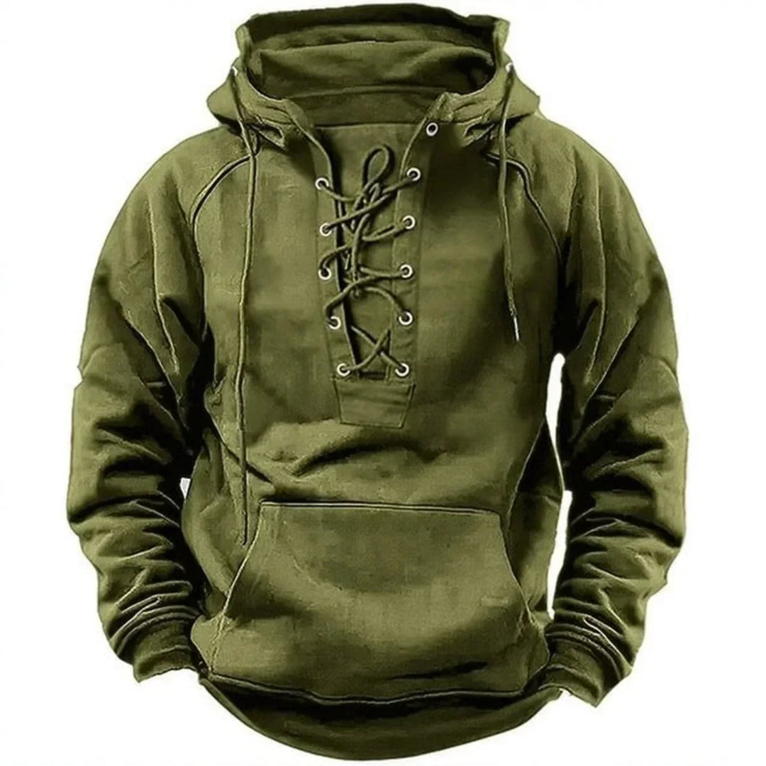 Sweat homme à capuche, lacets décoratifs, coupe décontractée. Tissu épais, style vintage pour mode casual.