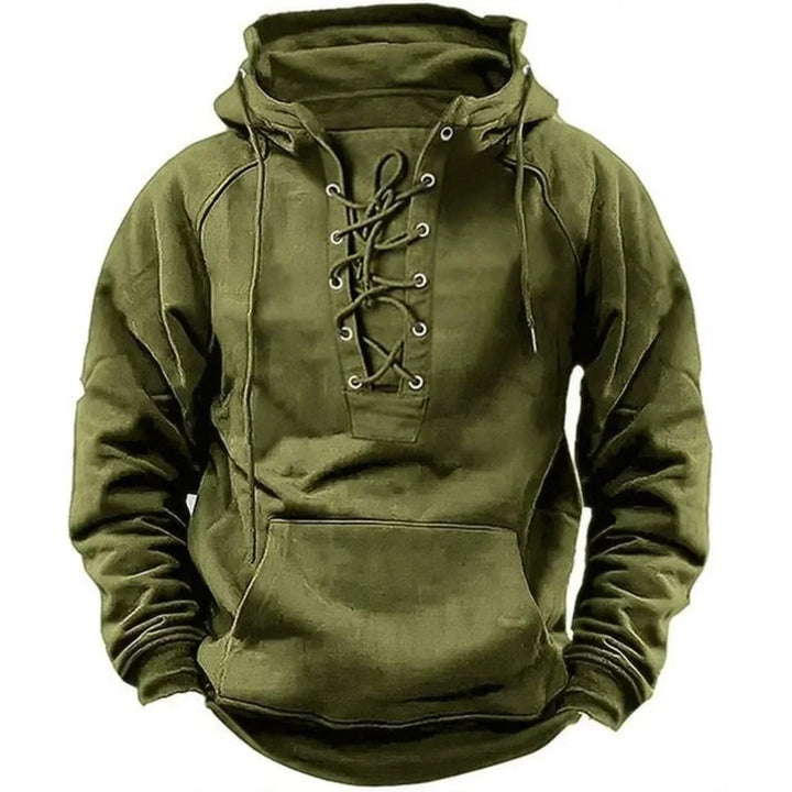 Sweat homme à capuche, lacets décoratifs, coupe décontractée. Tissu épais, style vintage pour mode casual.
