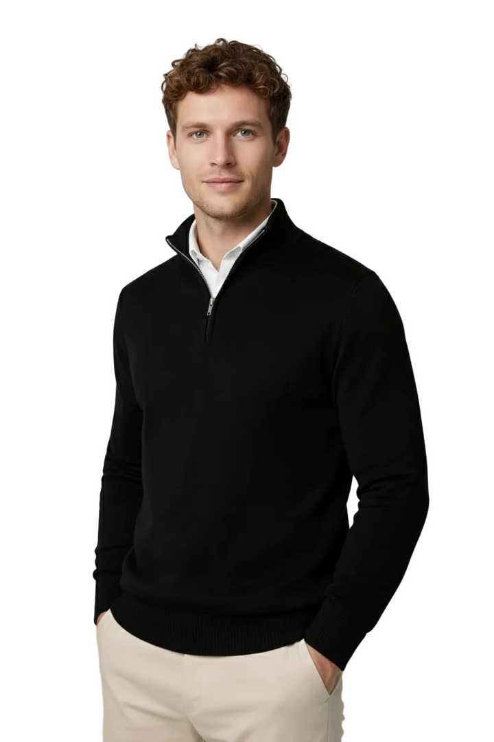 Pull homme demi-zip élégant, col montant. Idéal pour un look smart-casual automne-hiver.