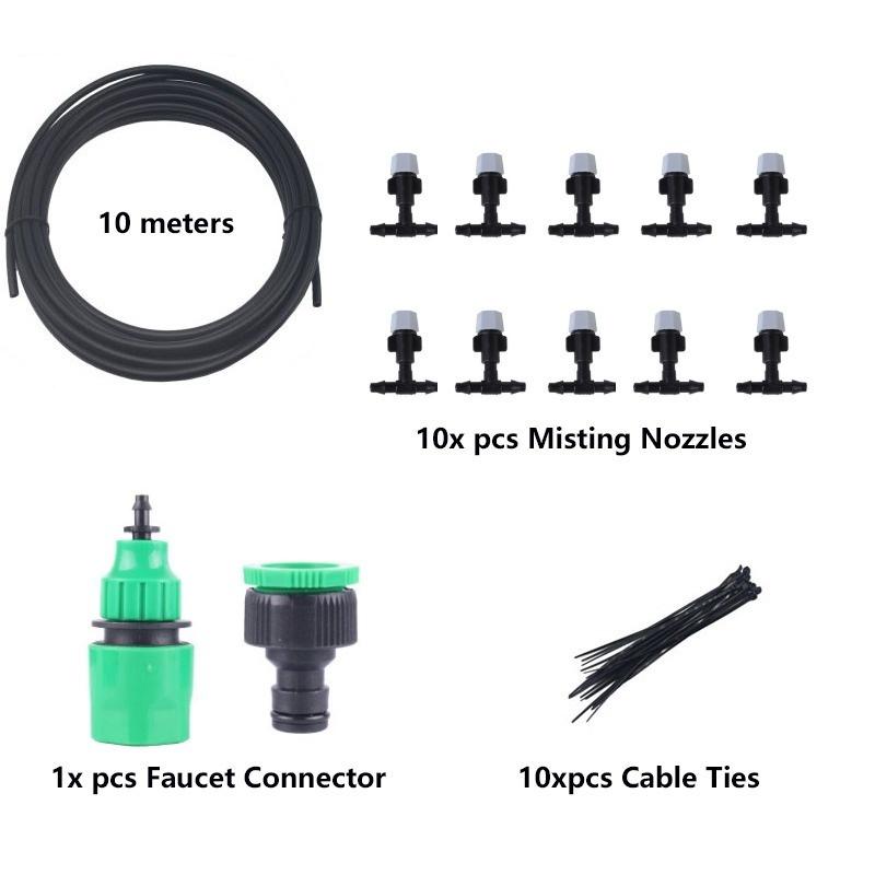 Système d'arrosage 10m, automatique, goutte-à-goutte et brumisation pour une irrigation optimale des plantes.