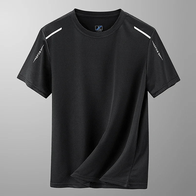 T-shirt de sport homme respirant et réfléchissant pour course et entraînement. Idéal pour le fitness, léger et confortable.