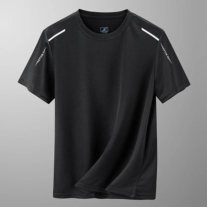 T-shirt de sport homme respirant et réfléchissant pour course et entraînement. Idéal pour le fitness, léger et confortable.