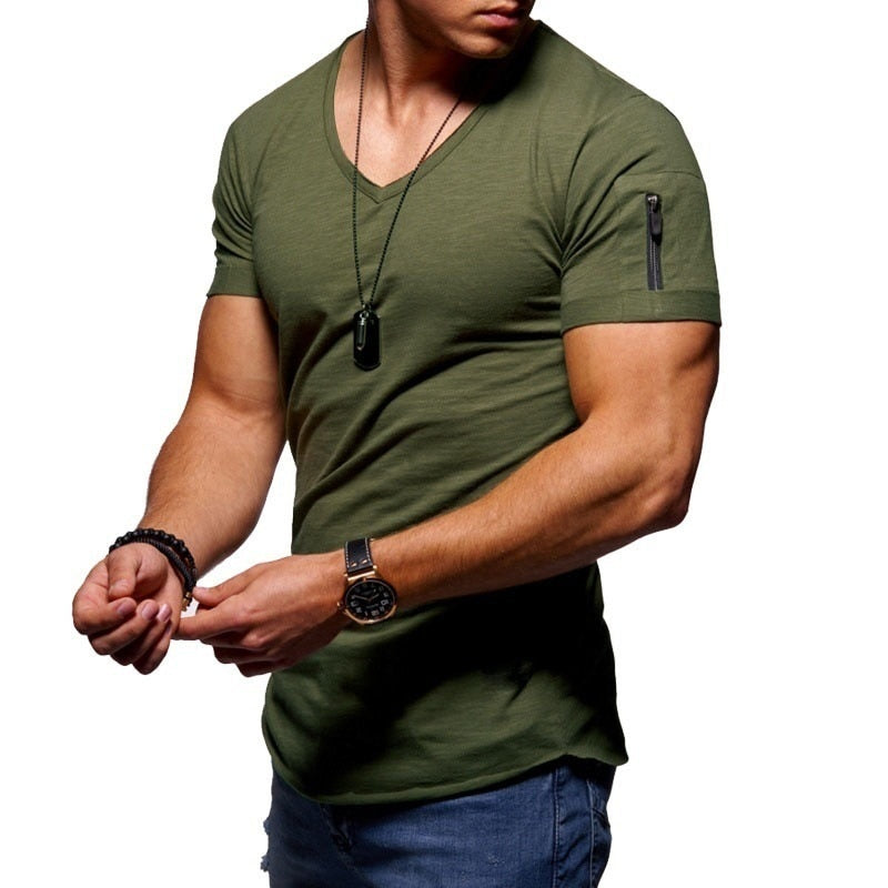 T-shirt homme été à col V, coupe athlétique. Parfait pour un look décontracté streetwear et le sport.