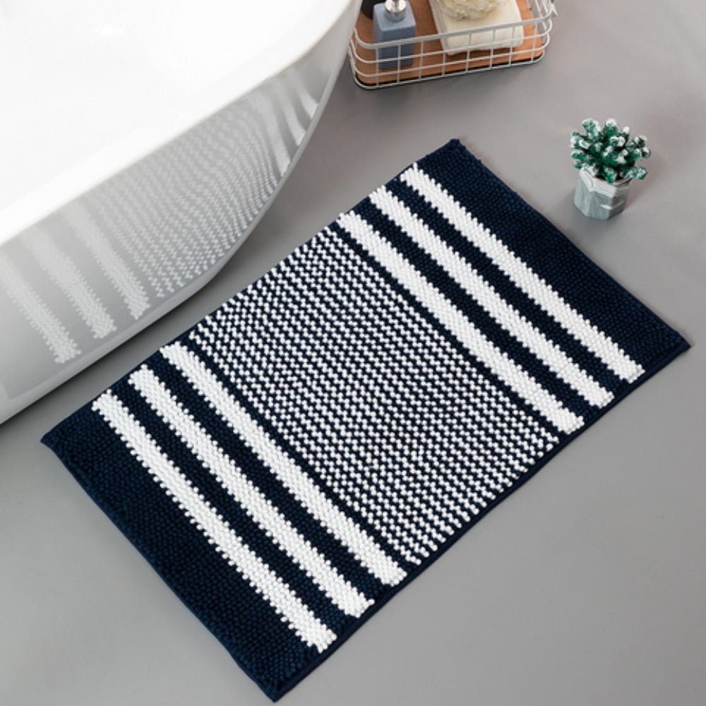 Tapis de bain en chenille ultra-absorbante, motifs à rayures. Doux, lavable, séchage rapide pour la salle de bain.