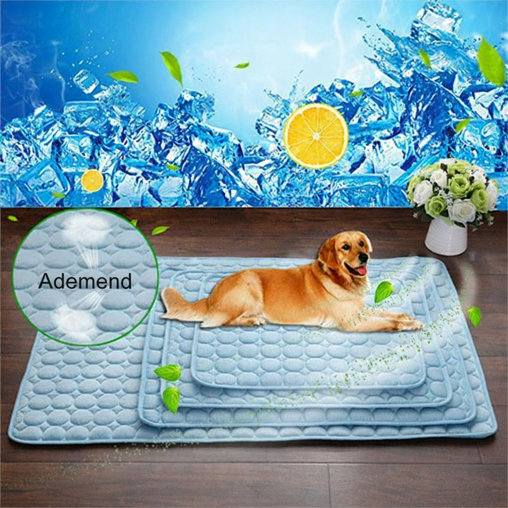 Un chien ou chat reposant confortablement sur le tapis rafraîchissant ultra-frais en soie glacée pour l'été.