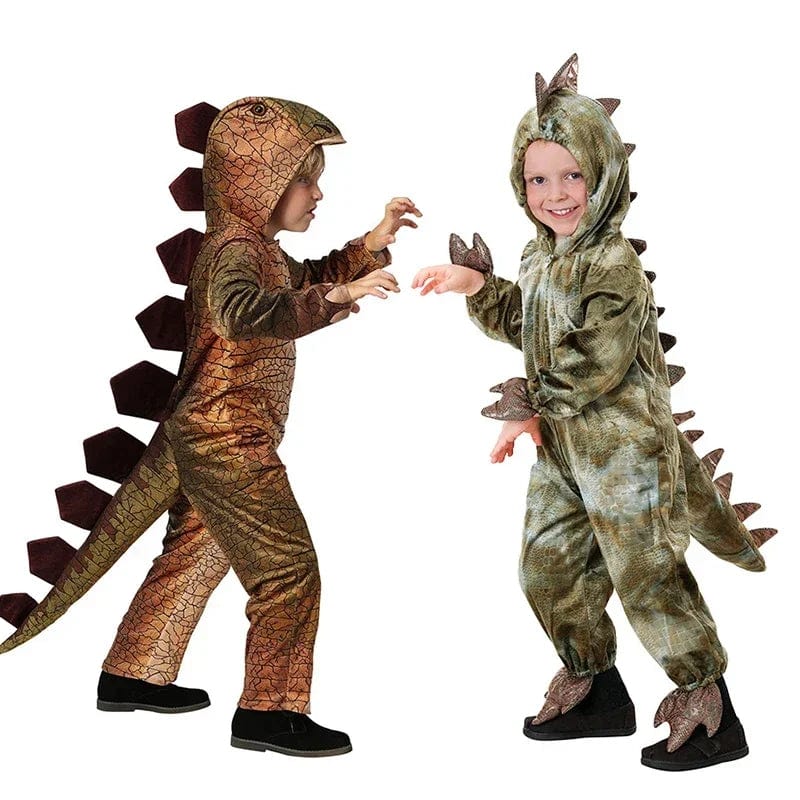Costume de dinosaure vert vif pour enfant, idéal pour l'imagination et les jeux.