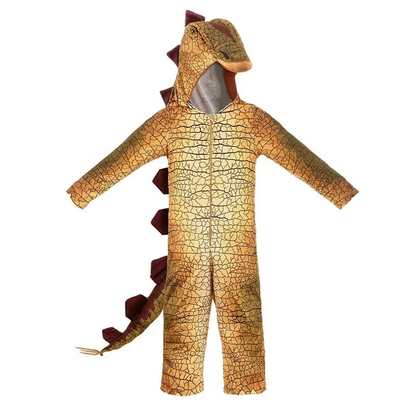Scène de jeu avec un enfant en déguisement dinosaure, stimulant l'imagination et la joie.
