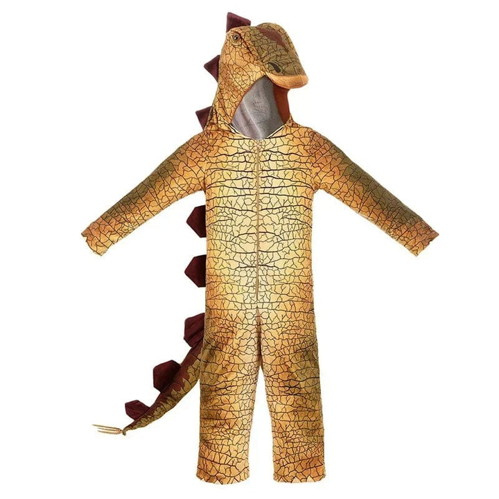 Scène de jeu avec un enfant en déguisement dinosaure, stimulant l'imagination et la joie.