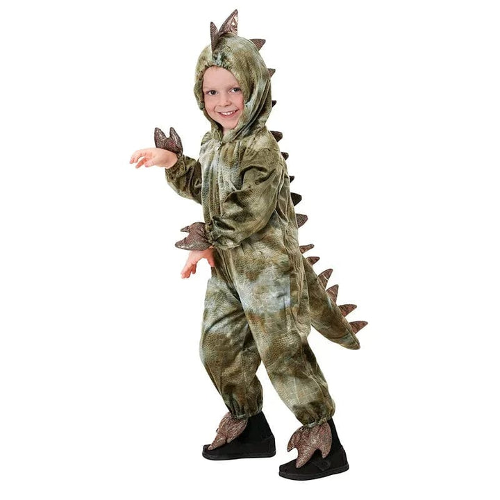 Déguisement dinosaure enfant robuste et doux, conçu pour le jeu et la durée des fêtes.
