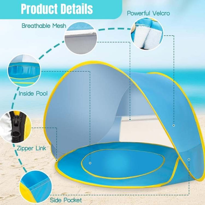 Tente de plage pop-up pour bébé, facile à monter. Pataugeoire intégrée, idéale pour enfant, été portable.
