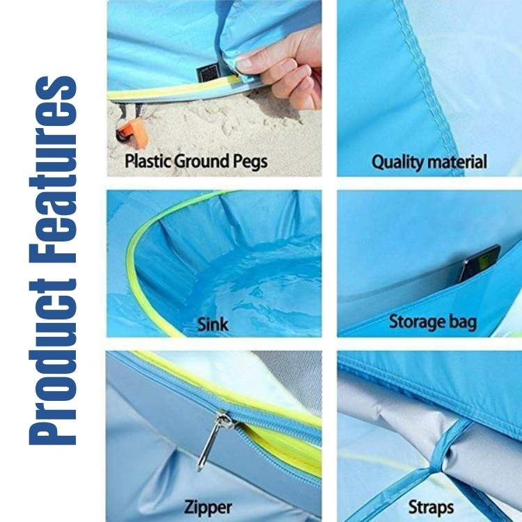 Tente de plage pop-up enfant, pare-soleil protecteur UV, avec pataugeoire. Idéal bébé pour extérieur portable, été.
