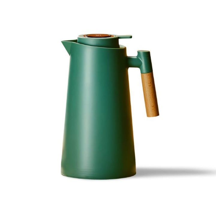 Pichet verseur thermique avec affichage température, poignée ergonomique en bois, idéal pour boissons.