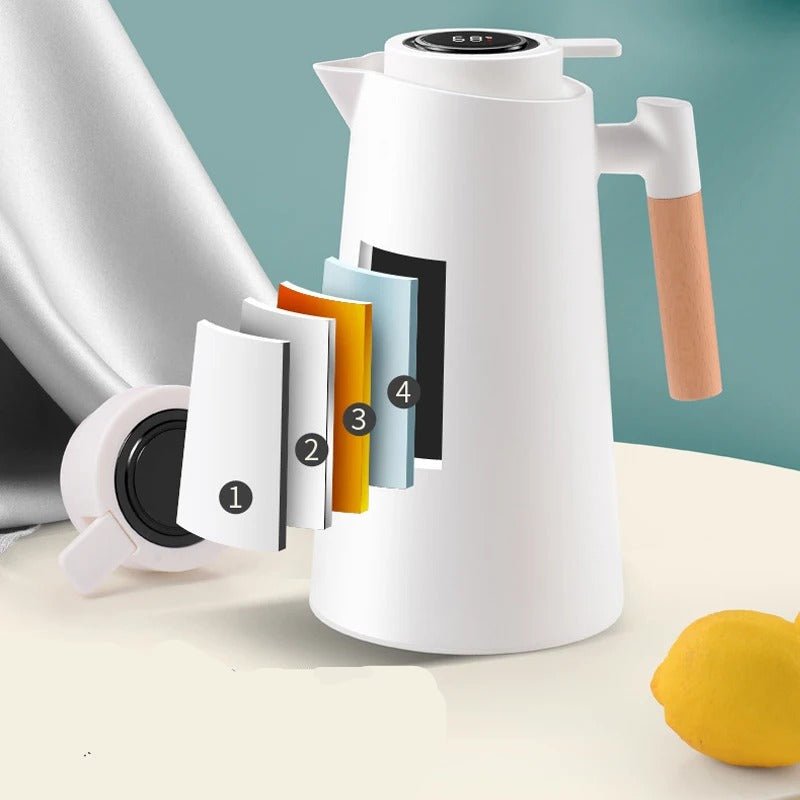 Élégante carafe thermique avec affichage température, poignée en bois, pour boissons chaudes/froides.