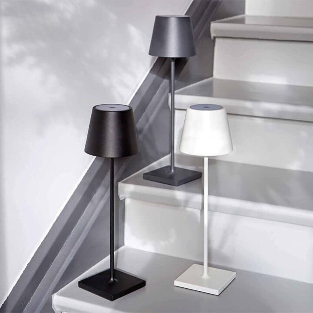 Lampe de table design LED, sans fil, variateur, portable, pour une ambiance lumineuse personnalisée, intérieur/extérieur.