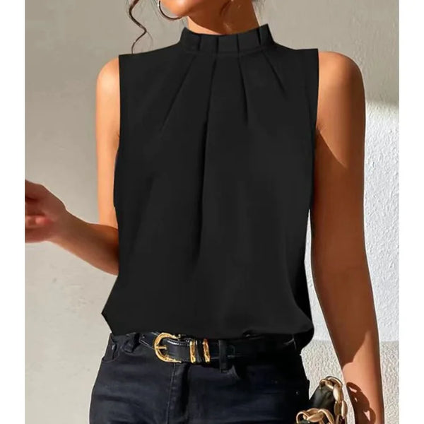 Top femme plissé élégant à col montant, idéal pour un look chic et sophistiqué, parfait pour le bureau.