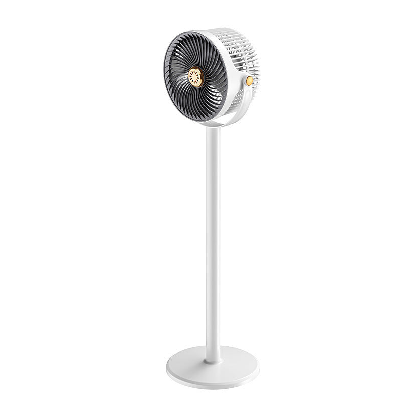 Ventilateur sur pied silencieux gris et blanc avec oscillation 360° et télécommande. Idéal pour le confort maison.