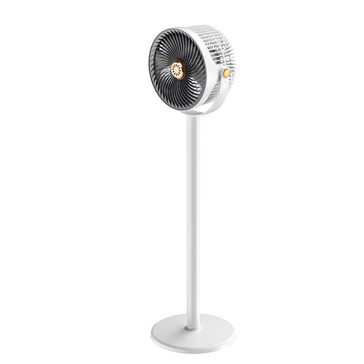Ventilateur sur pied élégant gris et blanc, oscillation 360°, silencieux. Contrôle facile avec télécommande pour l'été.