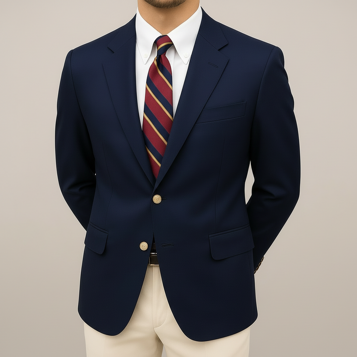 Blazer cintré élégant pour homme, parfait pour le printemps. Style chic bleu marine, idéal pour le business ou décontracté.